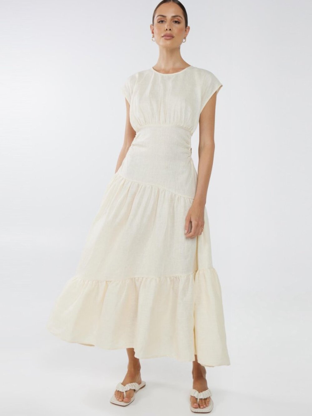 AERE Cut-Out Chain Detail Tiered Linen Midi Dress in Cream